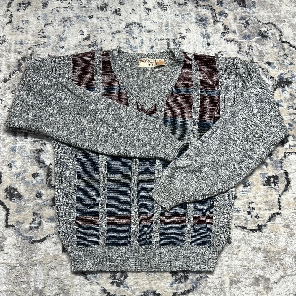 Vintage The Fox Collection Striped V-Neck Knit Sweater L Grunge Grandpa Cardigan